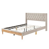 Queen Linen Upholstered Bed Frame with Button Tufted Headboard & Rubber Wood Legs