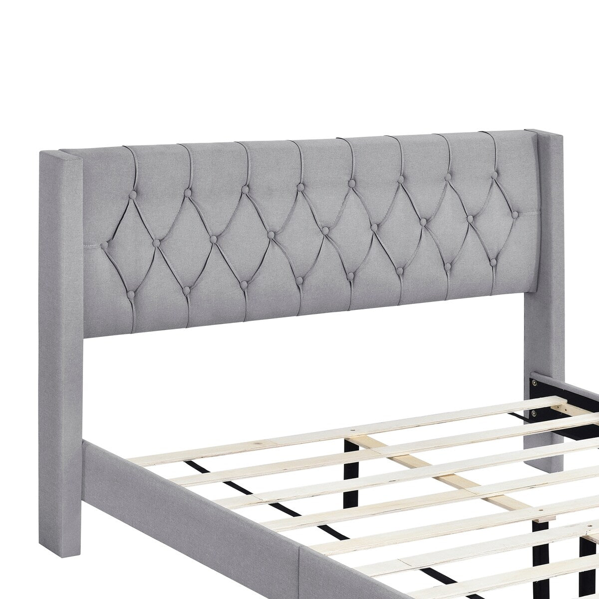 Queen Linen Upholstered Bed Frame with Button Tufted Headboard & Rubber Wood Legs
