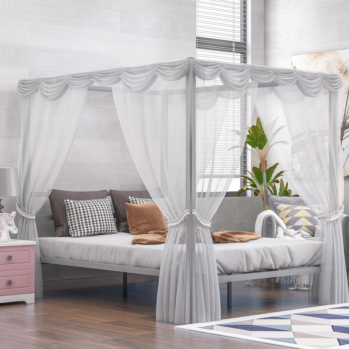 Queen Metal Canopy Platform Bed with Built-in Headboard (Mosquito Nets Not Included), Sliver