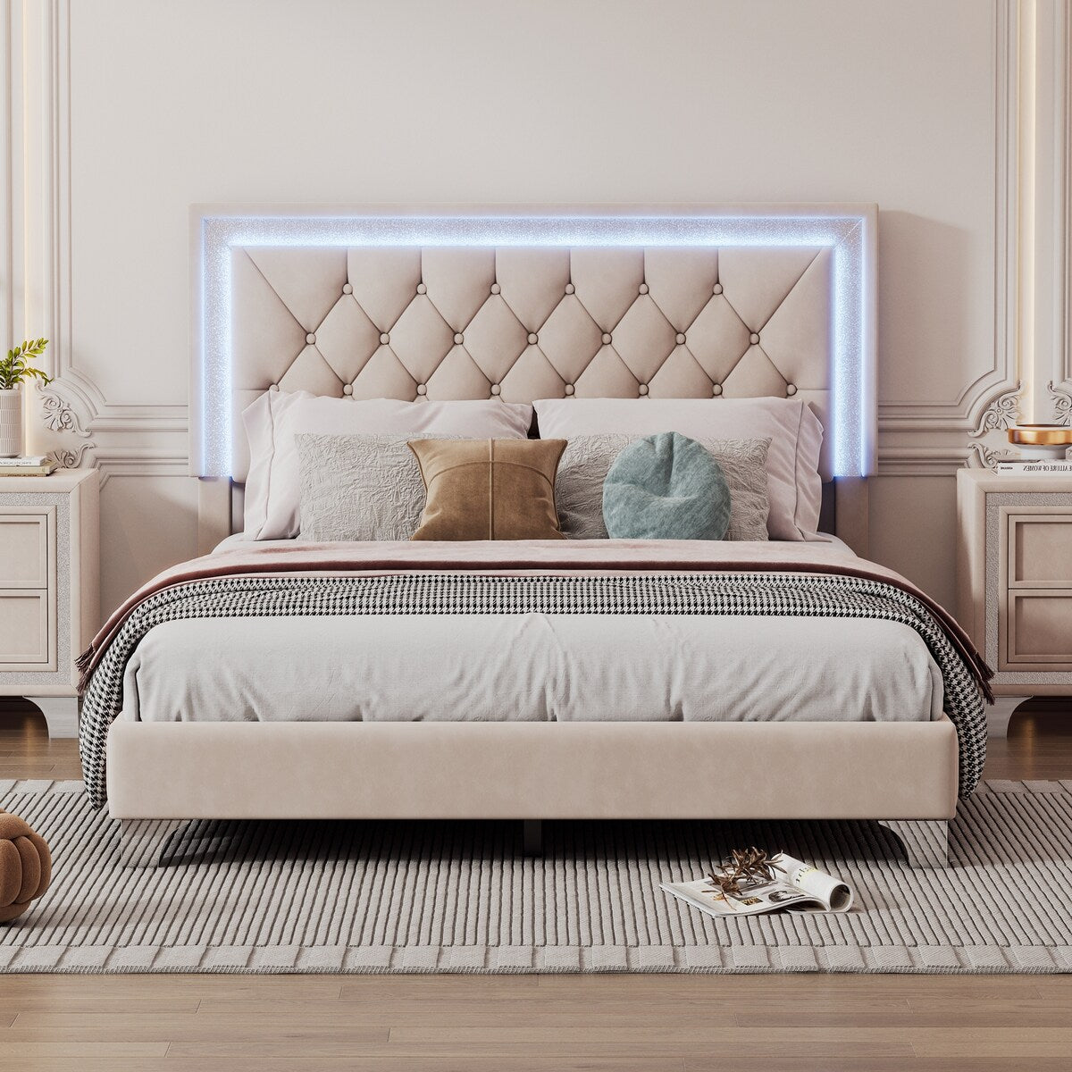 Queen OR Full Size Velvet Upholstered Bed Frame with LED Lights