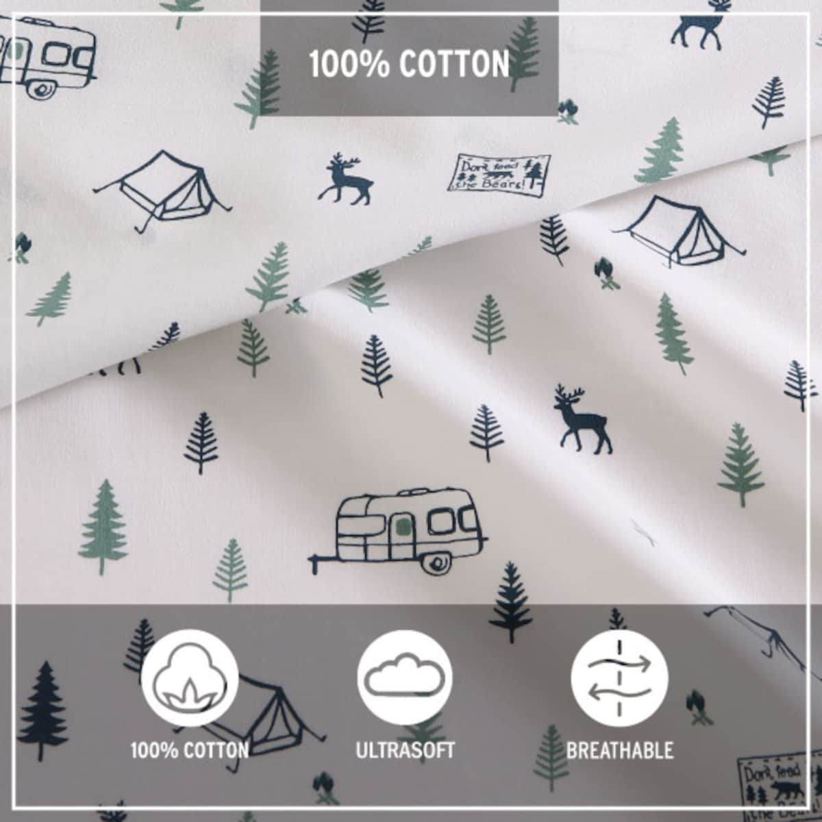 Queen Sheets, Cotton Percale Bedding Set, Crisp & Cool Home Decor (Campout Dark Blue, 4 Pieces, Queen)