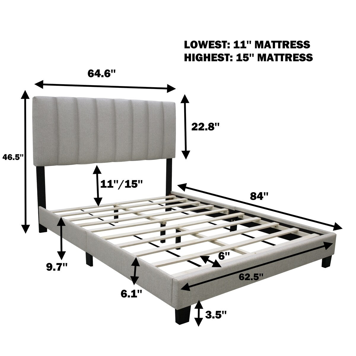 Queen Size Adjustable Upholstered Bed Frame, Vintage Style, Queen Size Bed