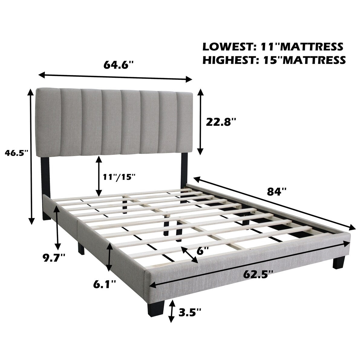 Queen Size Adjustable Upholstered Bed Frame, Vintage Style, Queen Size Bed