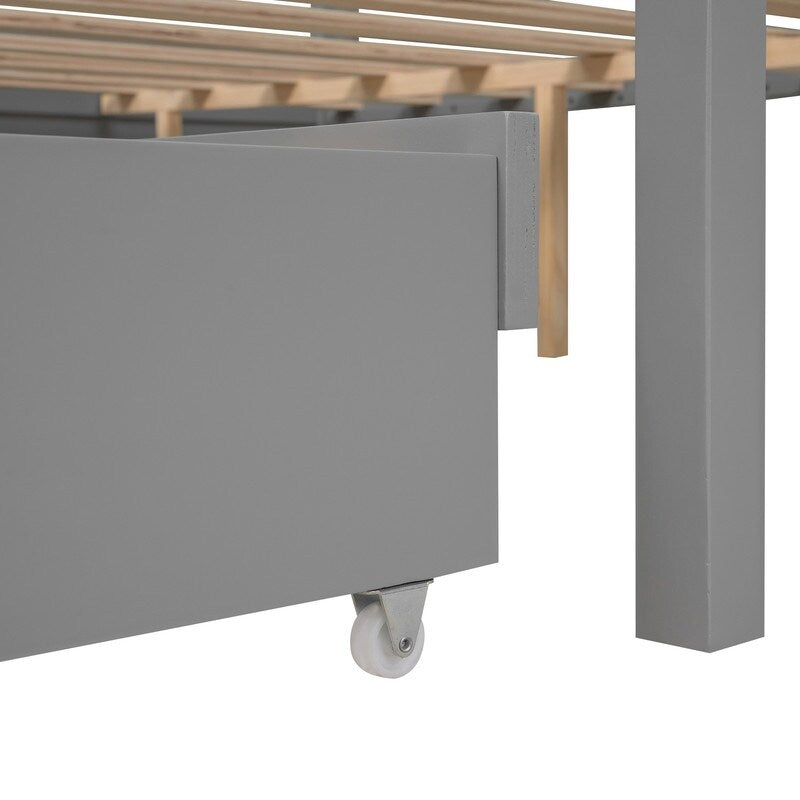 Queen Size Bed Canopy Platform Bed with Twin Size Trundle and Drawers, Gray