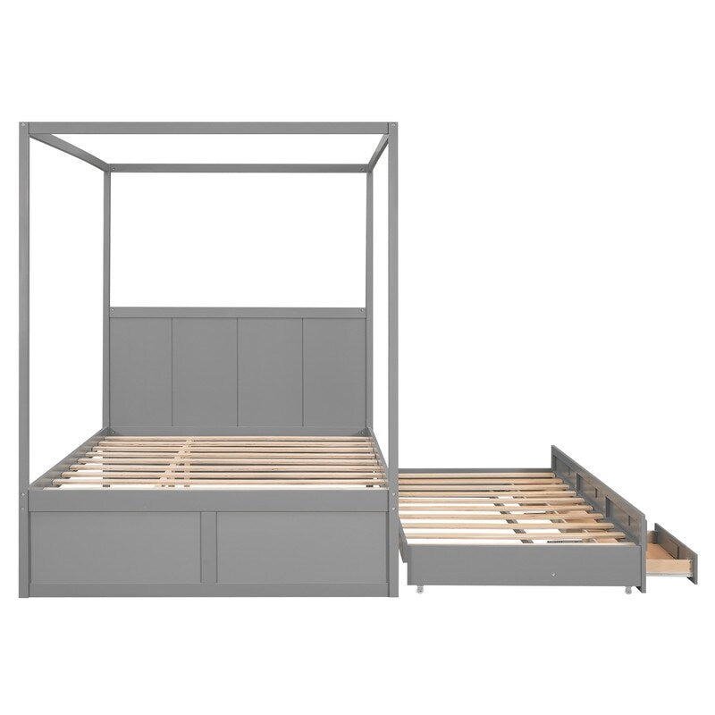 Queen Size Bed Canopy Platform Bed with Twin Size Trundle and Drawers, Gray
