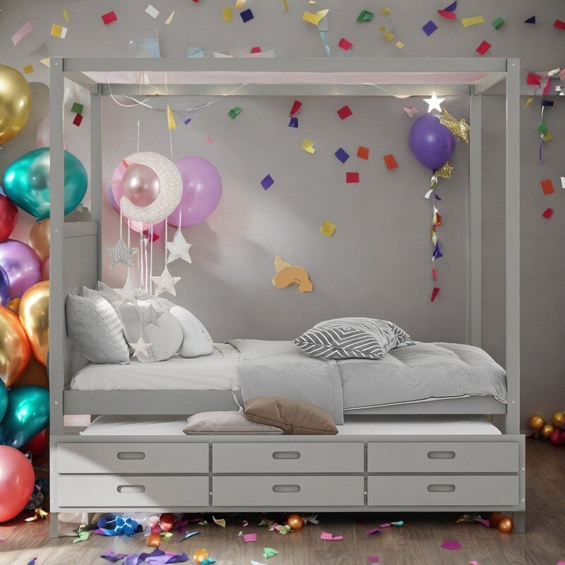 Queen Size Bed Canopy Platform Bed with Twin Size Trundle and Drawers, Gray