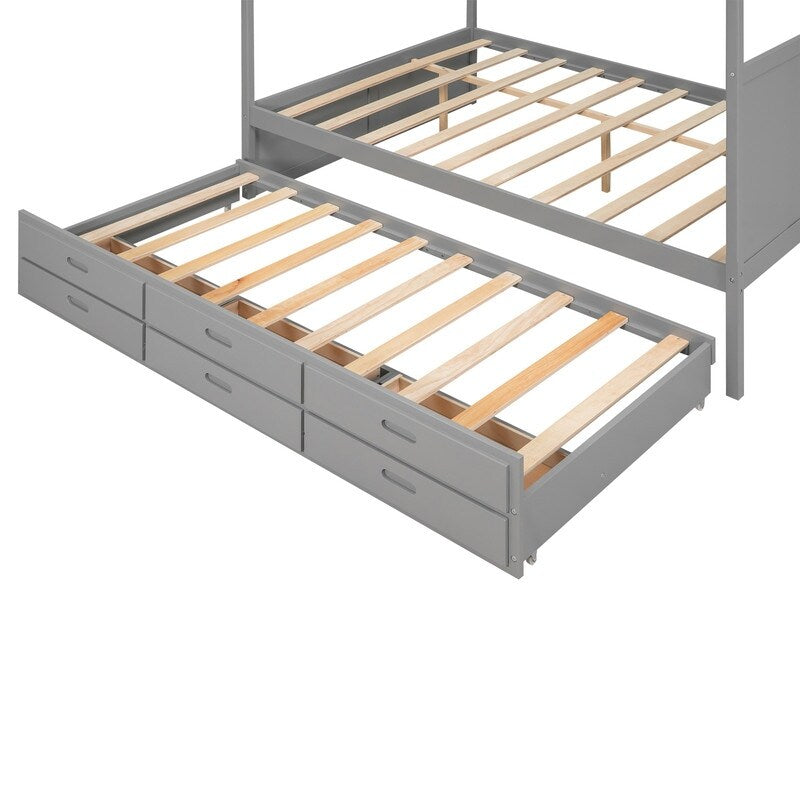 Queen Size Bed Canopy Platform Bed with Twin Size Trundle and Drawers, Gray