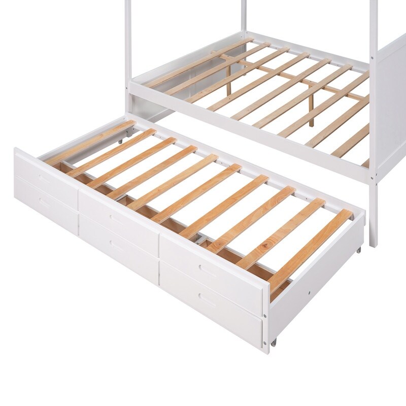 Queen Size Bed Canopy Platform Bed with Twin Size Trundle and Drawers, Gray