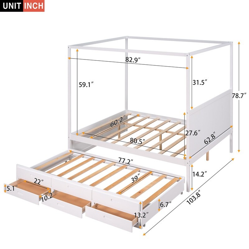 Queen Size Bed Canopy Platform Bed with Twin Size Trundle and Drawers, Gray
