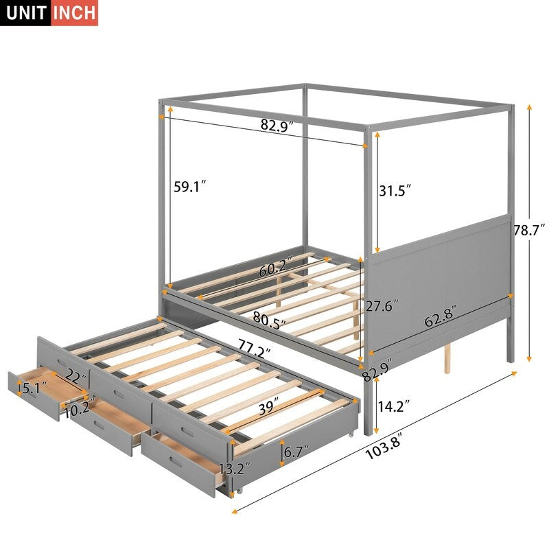 Queen Size Bed Canopy Platform Bed with Twin Size Trundle and Drawers, Gray