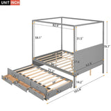 Queen Size Bed Canopy Platform Bed with Twin Size Trundle and Drawers, Gray