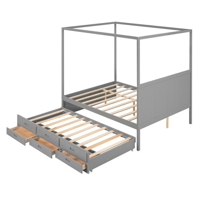 Queen Size Bed Canopy Platform Bed with Twin Size Trundle and Drawers, Gray