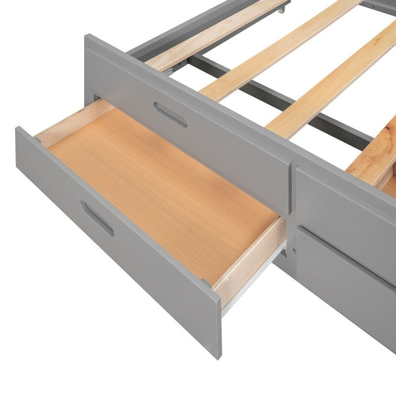 Queen Size Bed Canopy Platform Bed with Twin Size Trundle and Drawers, Gray