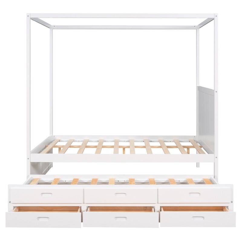 Queen Size Bed Canopy Platform Bed with Twin Size Trundle and Drawers, Gray