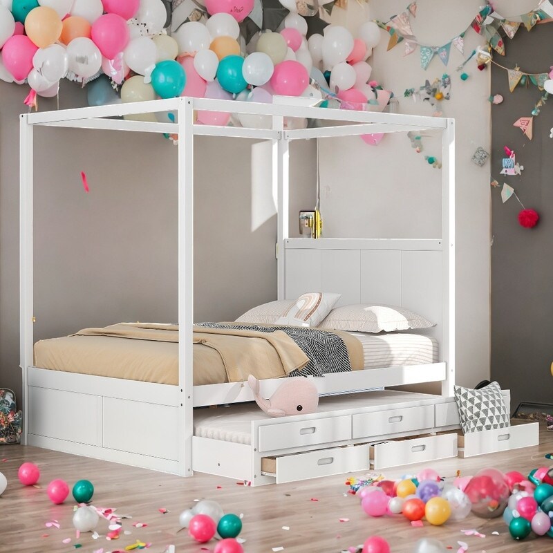 Queen Size Bed Canopy Platform Bed with Twin Size Trundle and Drawers, Gray