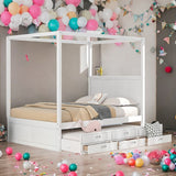 Queen Size Bed Canopy Platform Bed with Twin Size Trundle and Drawers, Gray