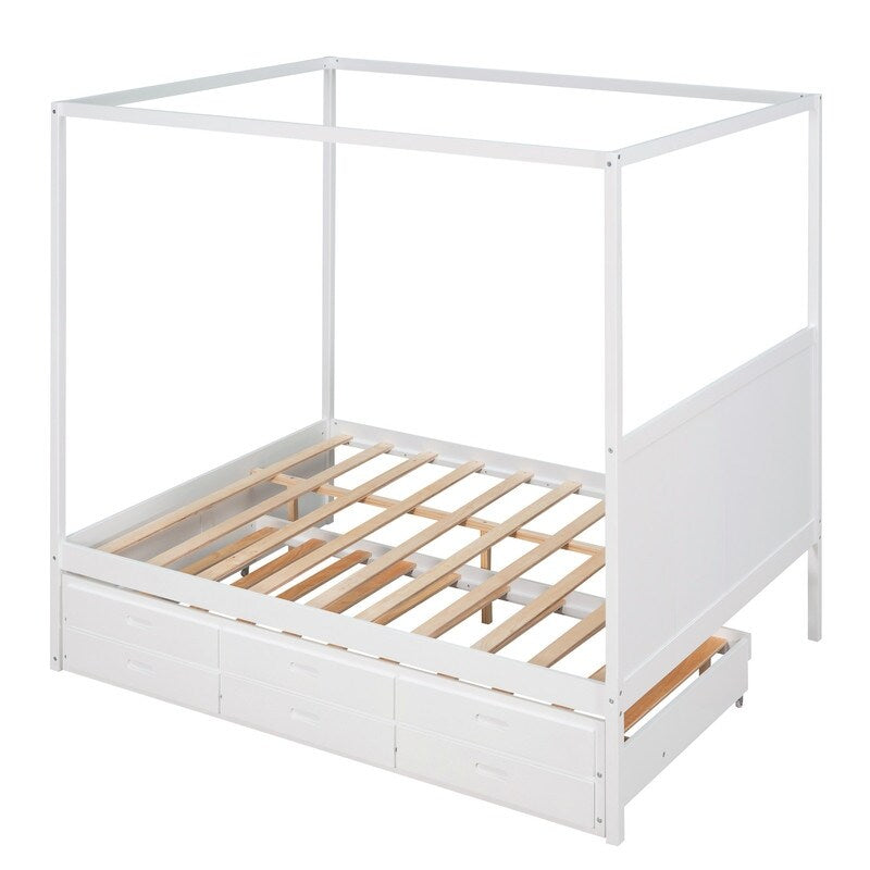 Queen Size Bed Canopy Platform Bed with Twin Size Trundle and Drawers, Gray