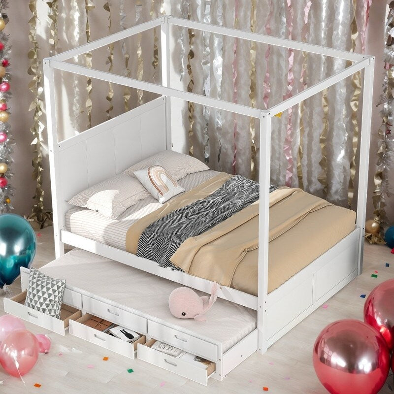 Queen Size Bed Canopy Platform Bed with Twin Size Trundle and Drawers, Gray