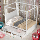 Queen Size Bed Canopy Platform Bed with Twin Size Trundle and Drawers, Gray