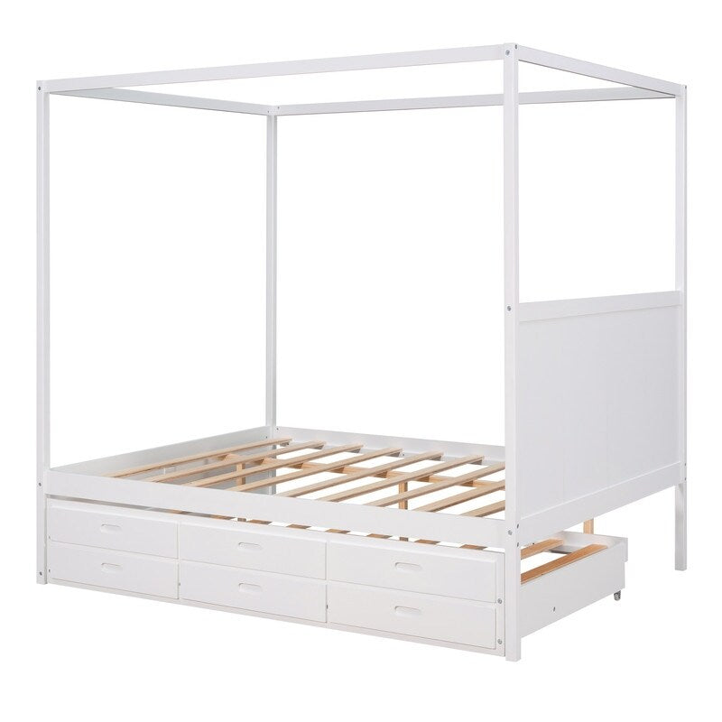 Queen Size Bed Canopy Platform Bed with Twin Size Trundle and Drawers, Gray
