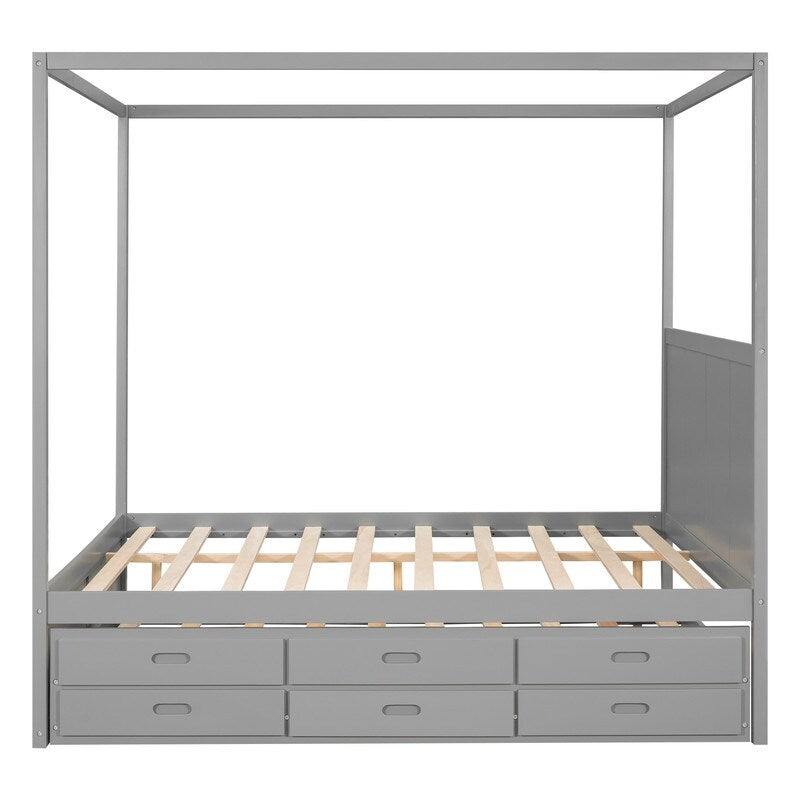 Queen Size Bed Canopy Platform Bed with Twin Size Trundle and Drawers, Gray