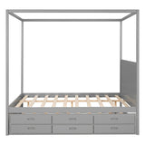 Queen Size Bed Canopy Platform Bed with Twin Size Trundle and Drawers, Gray