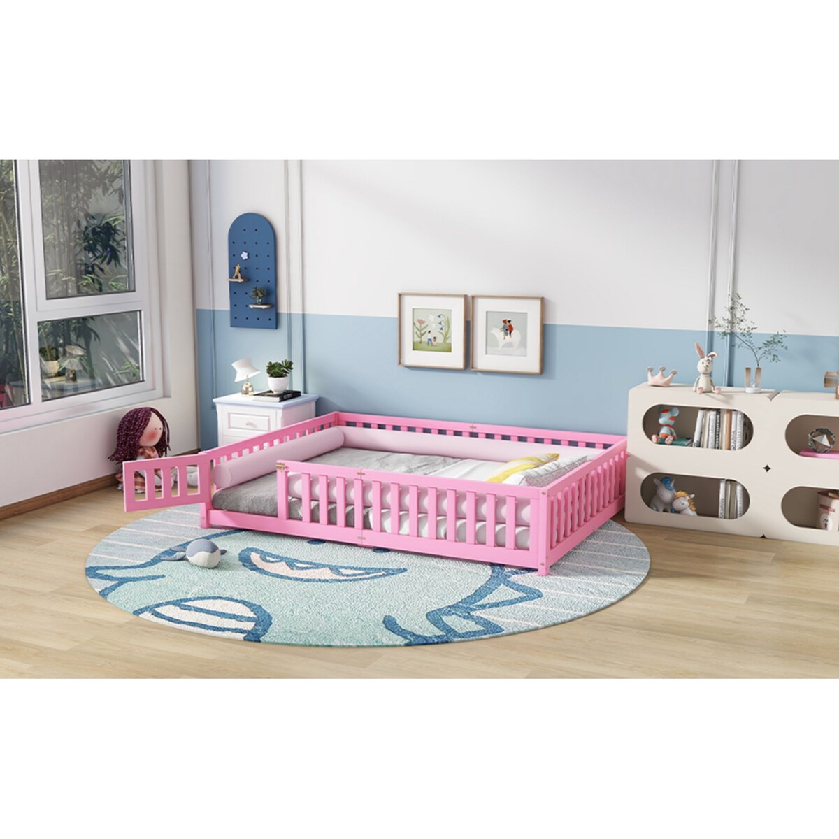 Queen Size Bed Floor Bed with Safety Guardrails and Door for Kids, Pink