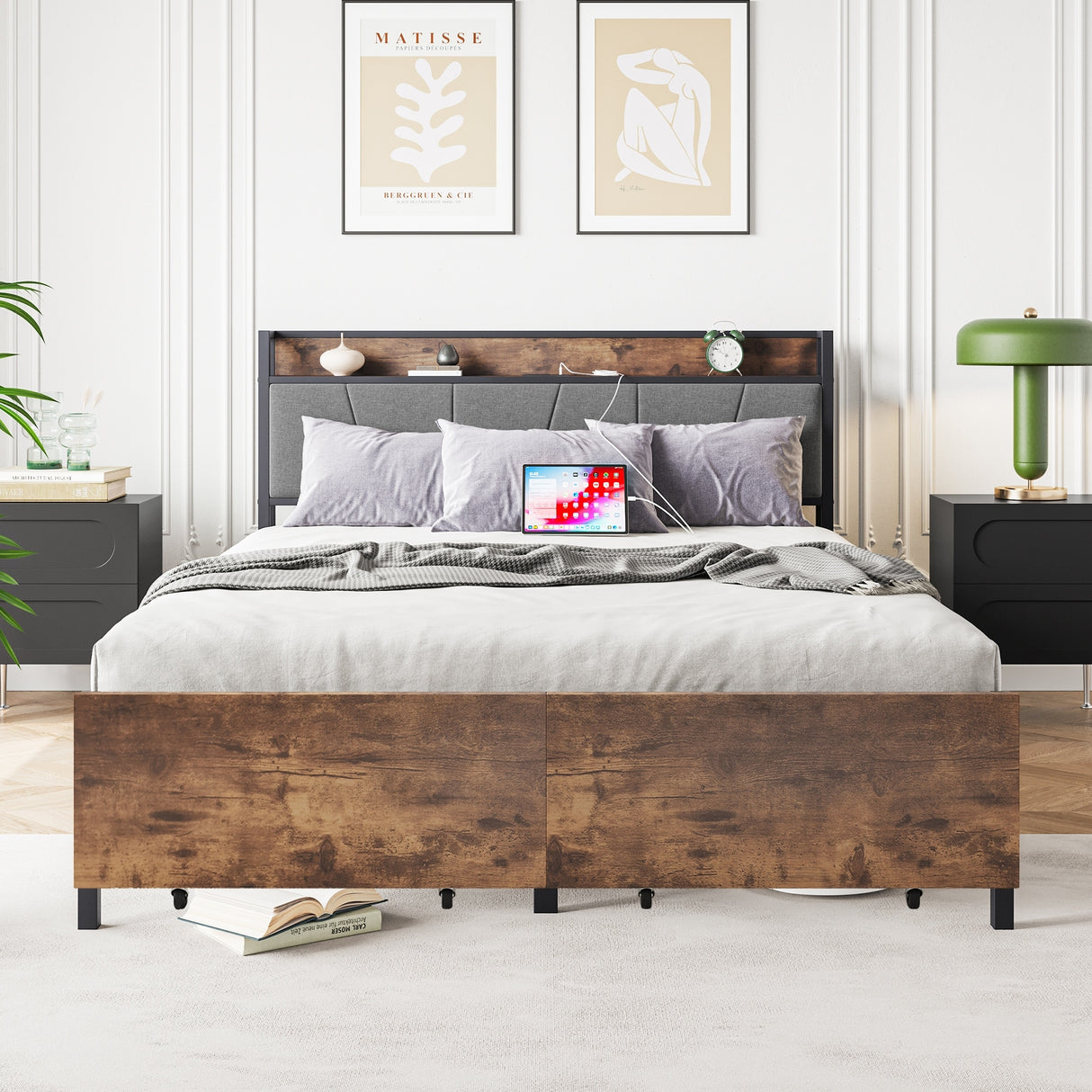 Queen Size Bed with Storage Headboard, Drawers & Charging Station