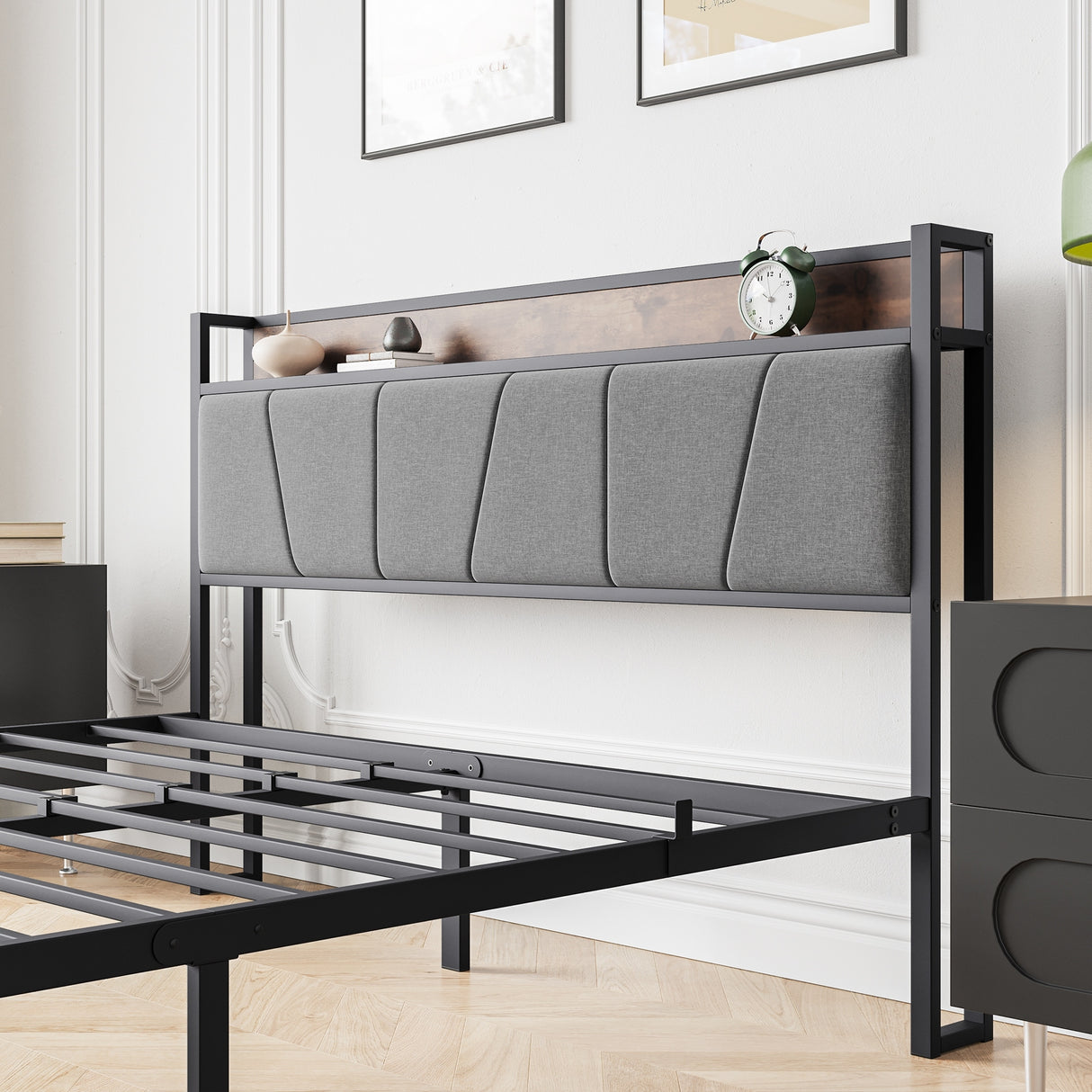 Queen Size Bed with Storage Headboard, Drawers & Charging Station