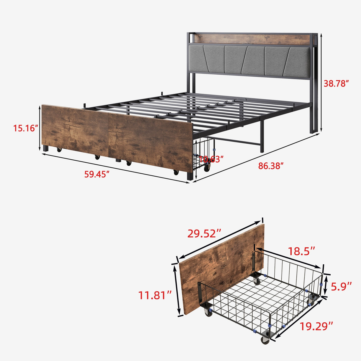 Queen Size Bed with Storage Headboard, Drawers & Charging Station