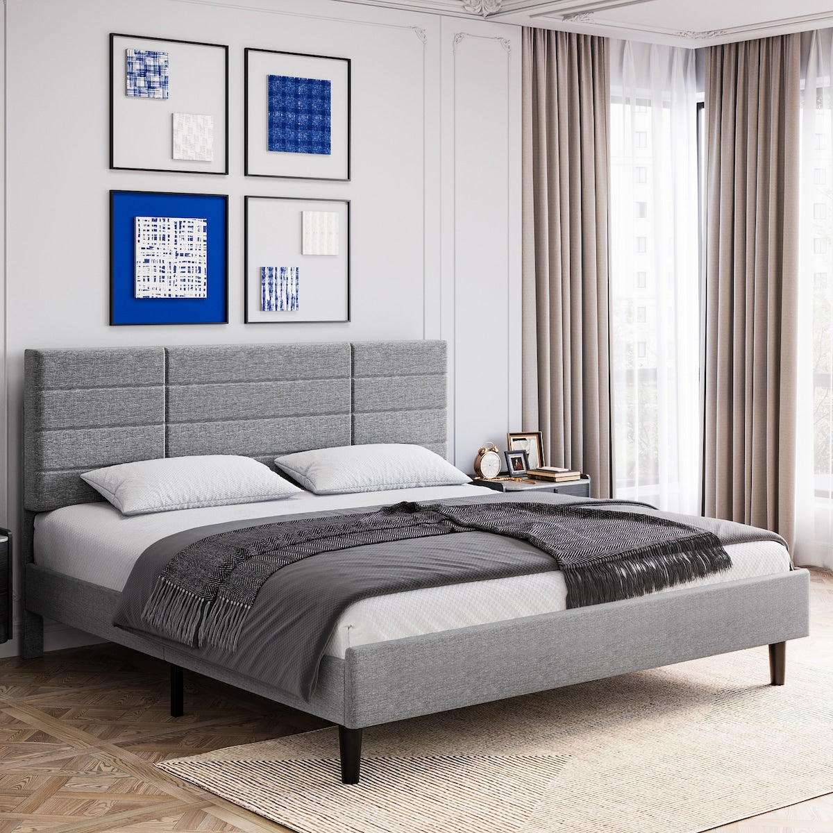 Queen Size Bed Frame Upholstered Headboard, Strong Frame and Wooden Slats Support Non-Slip and Noise-Free No Box Spring Needed