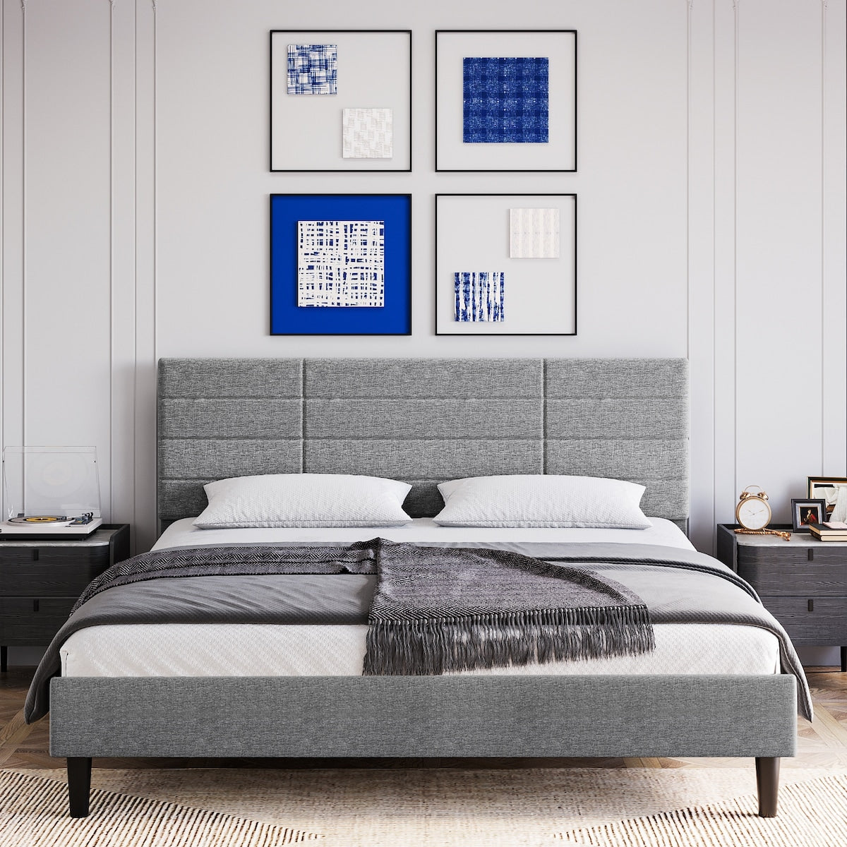 Queen Size Bed Frame Upholstered Headboard, Strong Frame and Wooden Slats Support Non-Slip and Noise-Free No Box Spring Needed