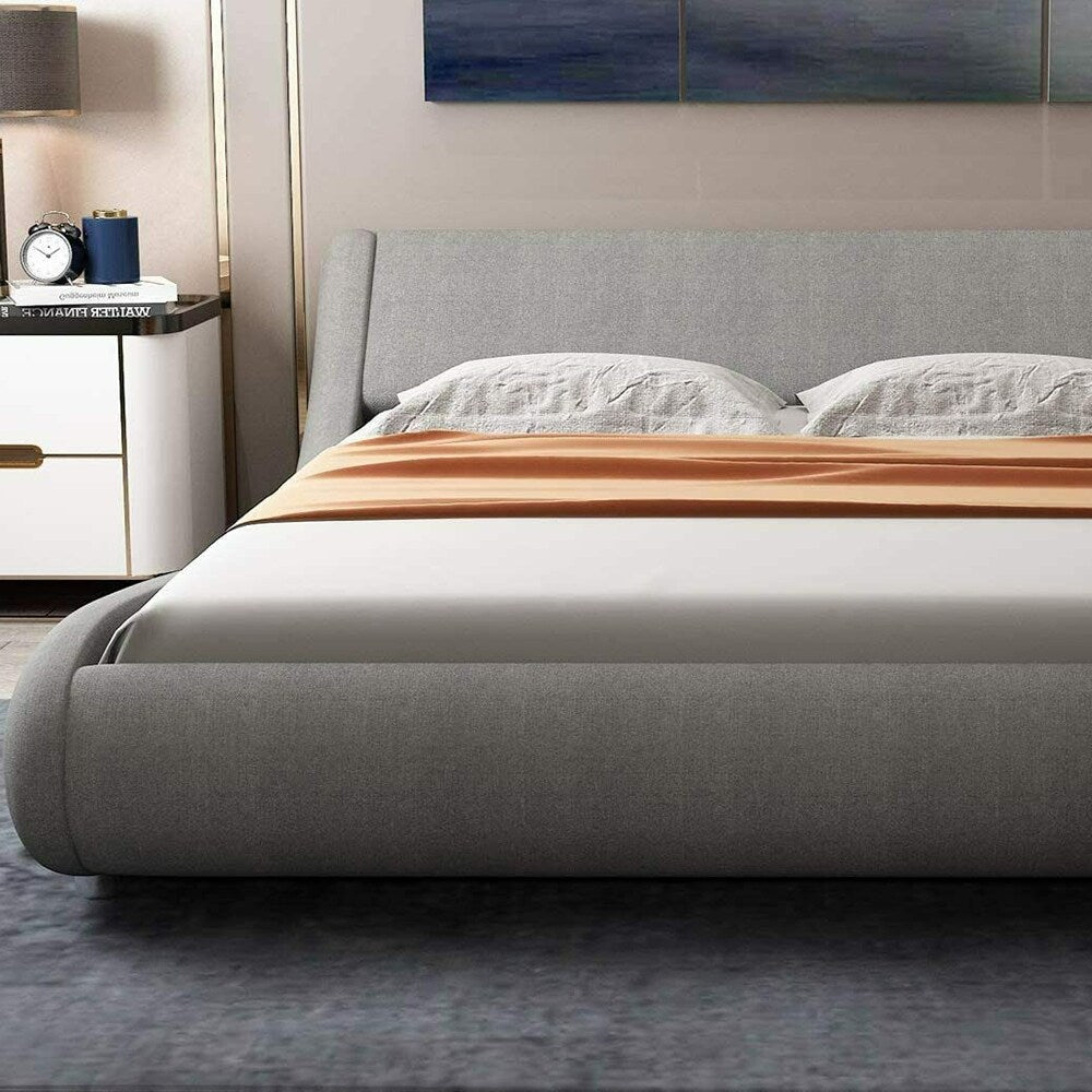 Queen Size Bed Frame with Curved Adjustable Headboard, Grey