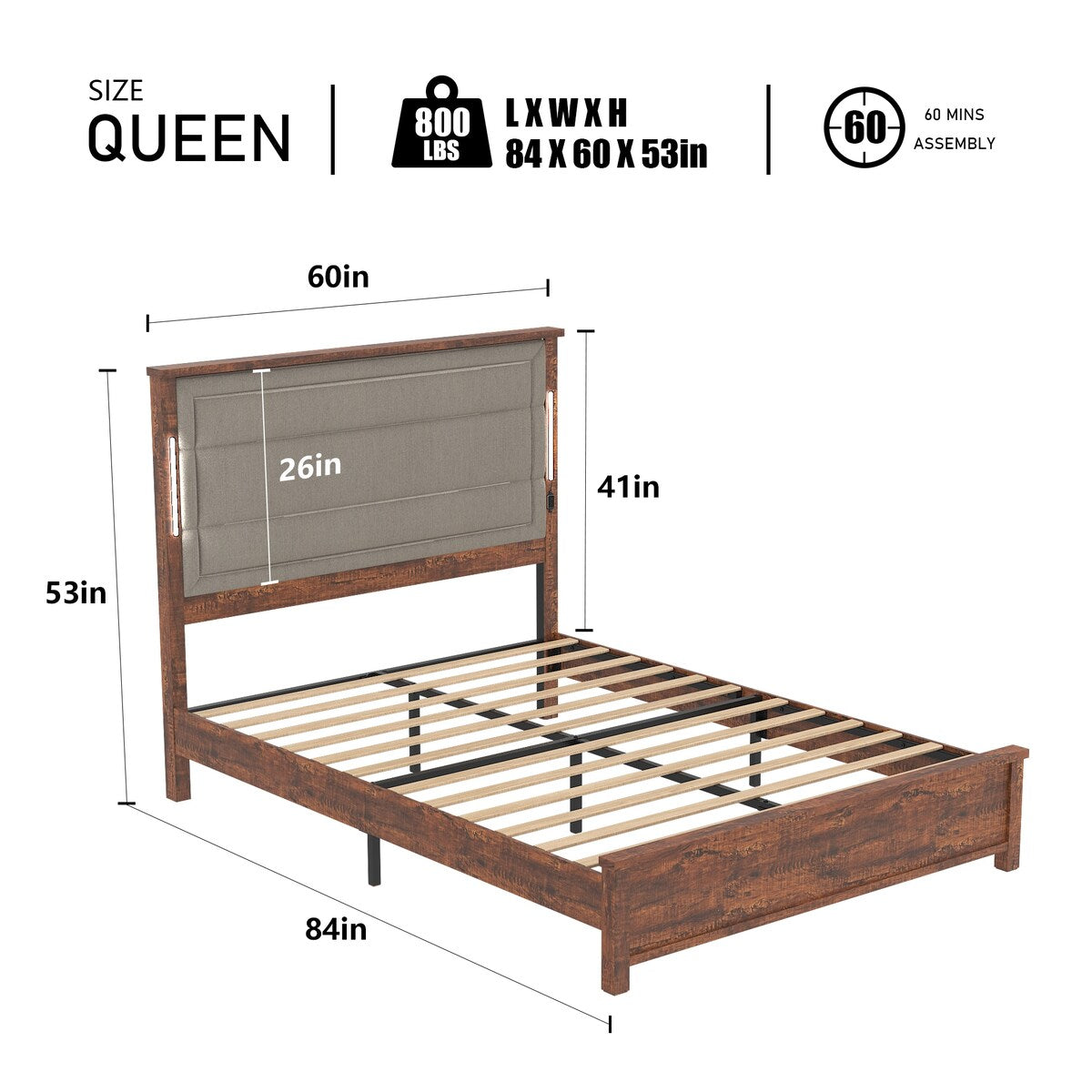 Queen Size Bed Frame with Upholstered Headboard,with Charging Station and LED Lights,Wood Slats,No Box Spring Needed
