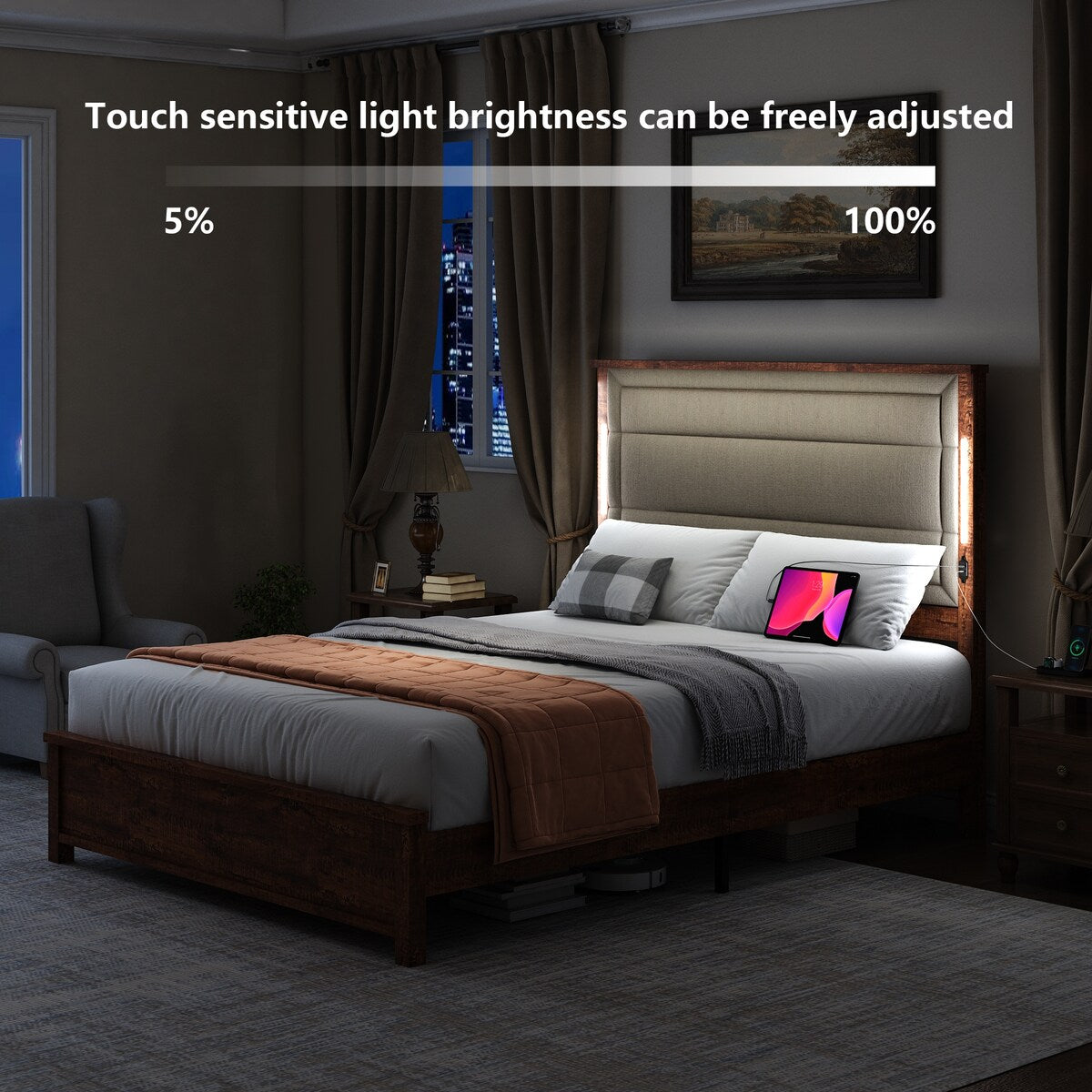 Queen Size Bed Frame with Upholstered Headboard,with Charging Station and LED Lights,Wood Slats,No Box Spring Needed