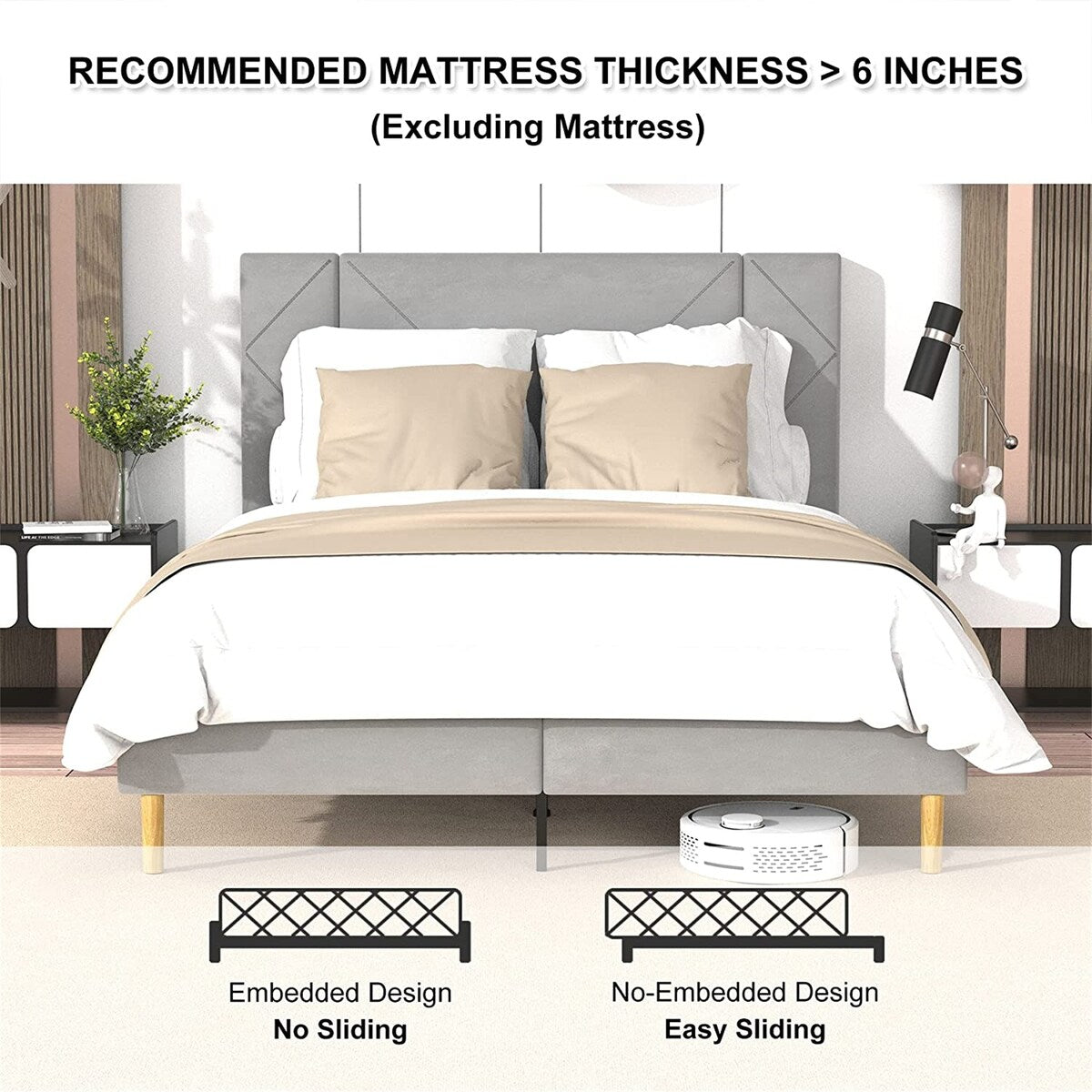 Queen Size Bed Frame, Black Velvet Upholstered Platform Bed
