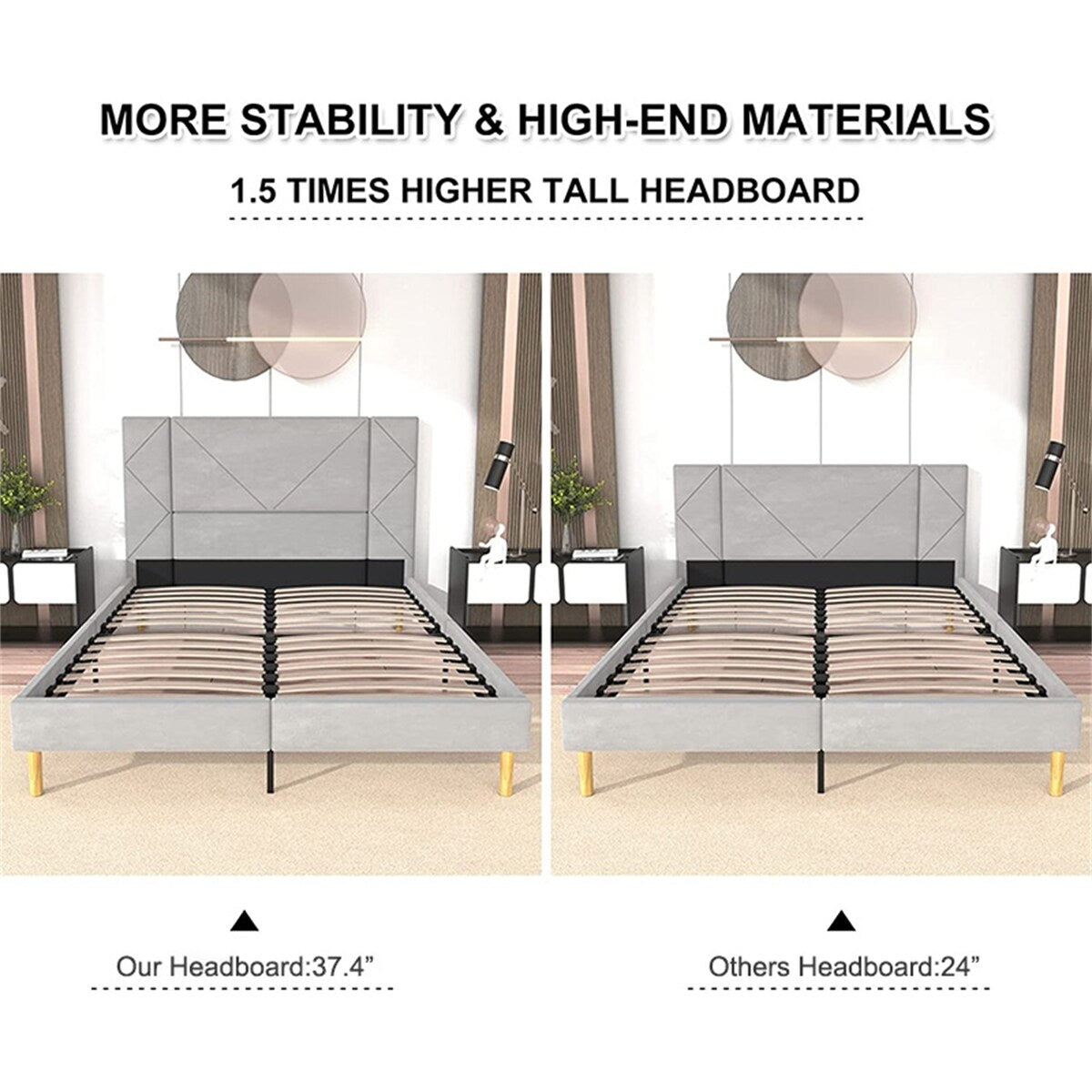 Queen Size Bed Frame, Black Velvet Upholstered Platform Bed