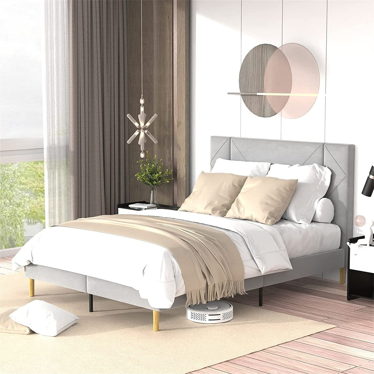 Queen Size Bed Frame, Black Velvet Upholstered Platform Bed