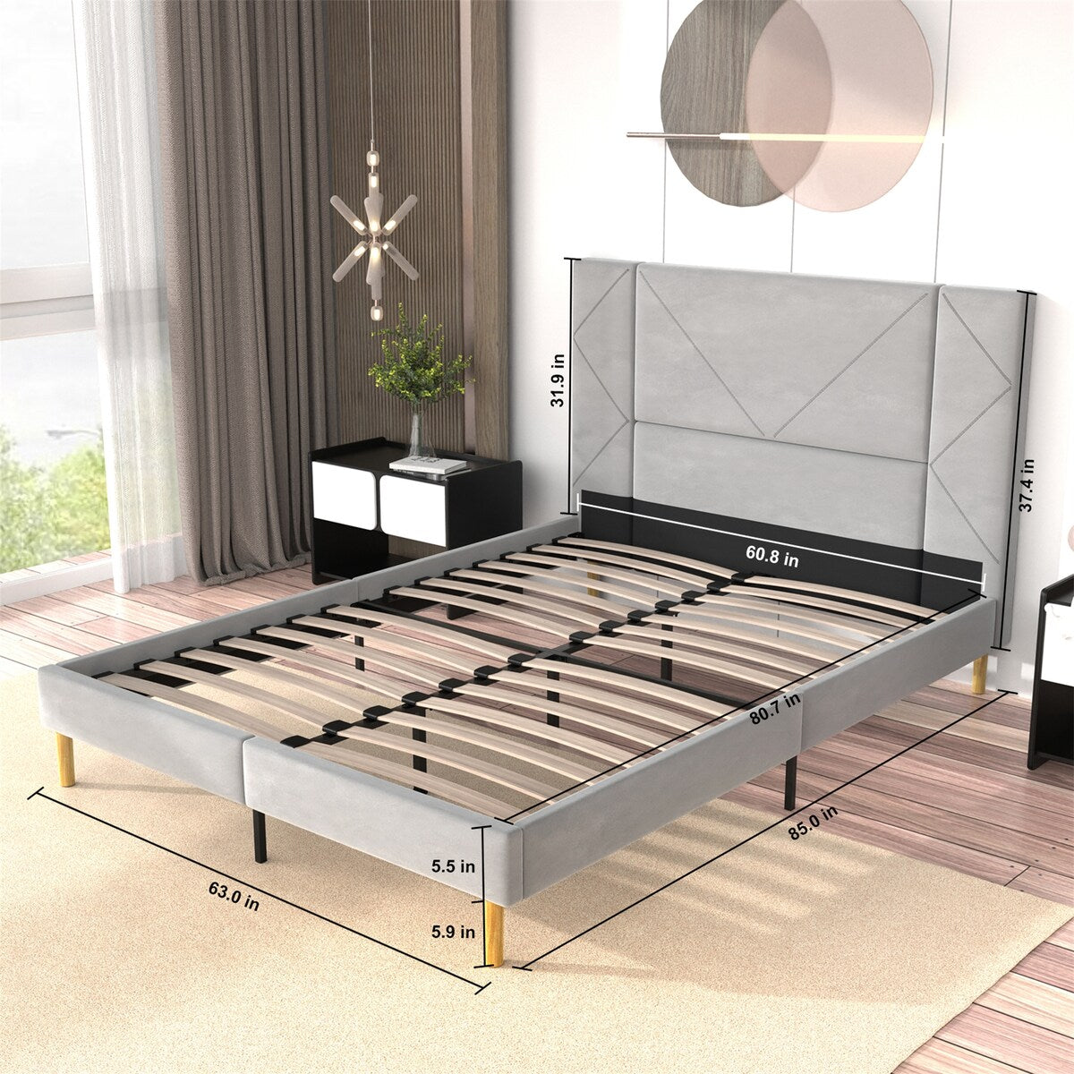 Queen Size Bed Frame, Black Velvet Upholstered Platform Bed