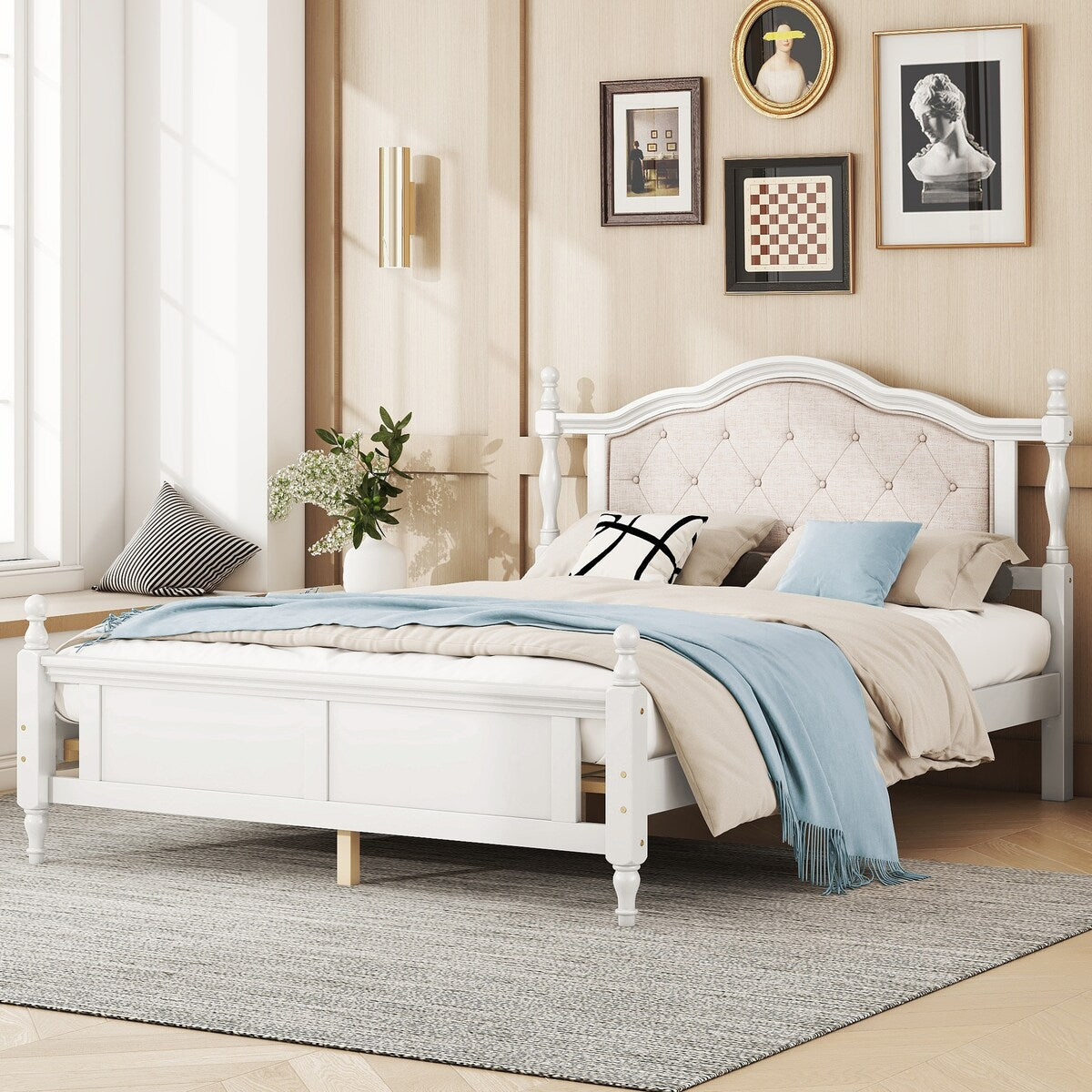 Queen Size Bed with Upholstered Headboard and Footboard, with Two Bed Rail Support Feet and Central Platform Support Feet