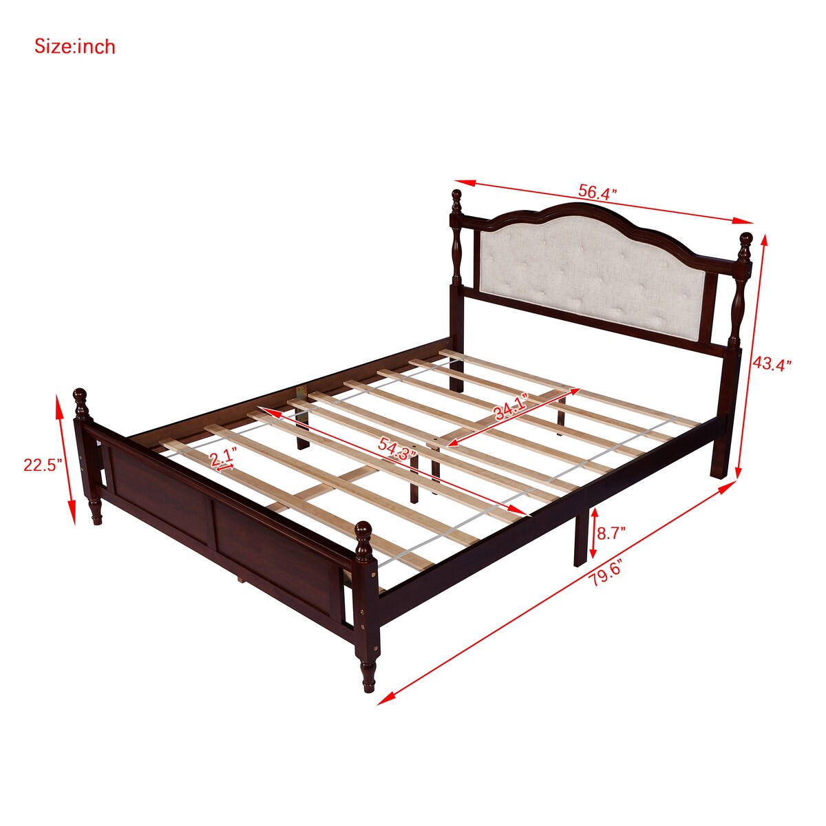 Queen Size Bed with Upholstered Headboard and Footboard, with Two Bed Rail Support Feet and Central Platform Support Feet