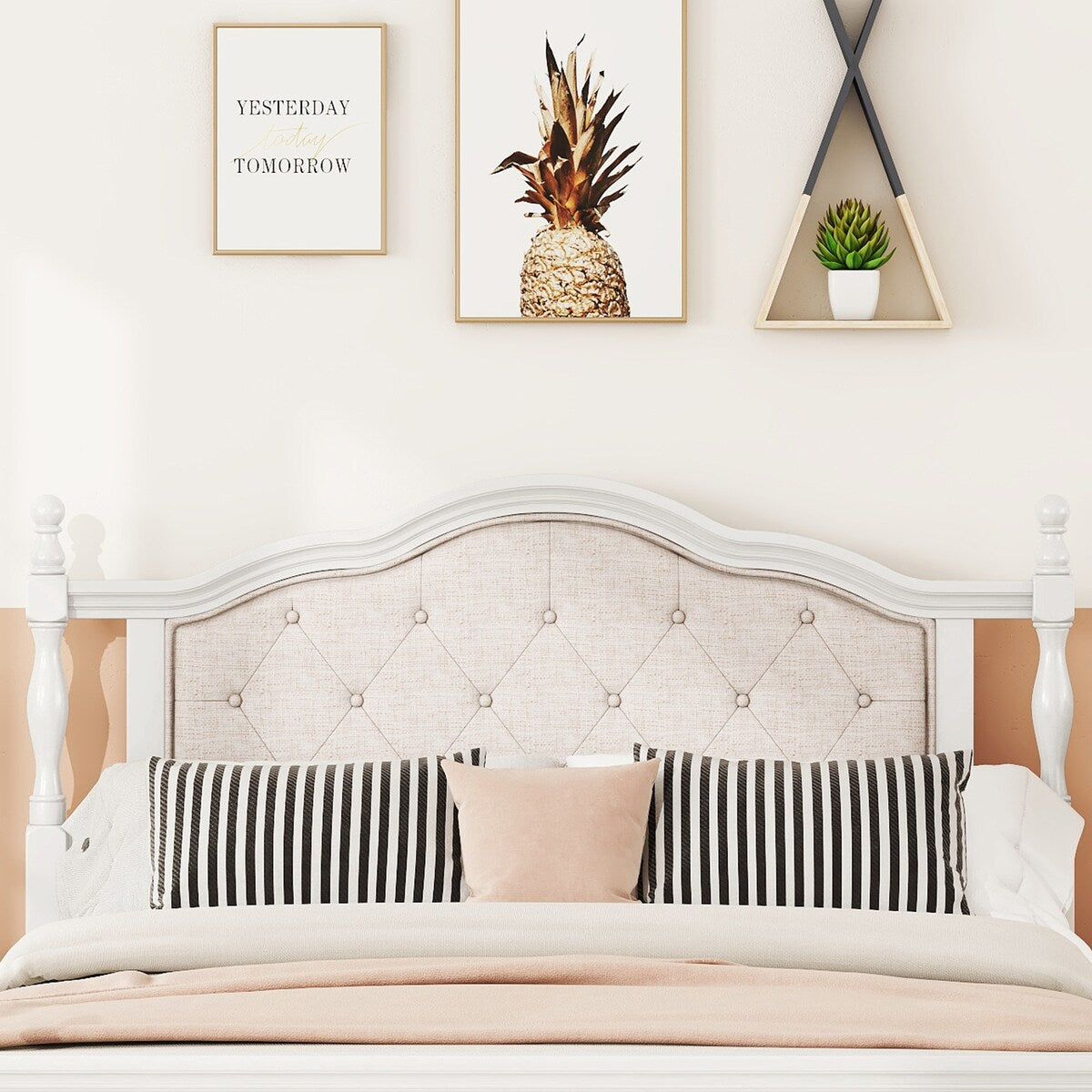 Queen Size Bed with Upholstered Headboard and Footboard, with Two Bed Rail Support Feet and Central Platform Support Feet