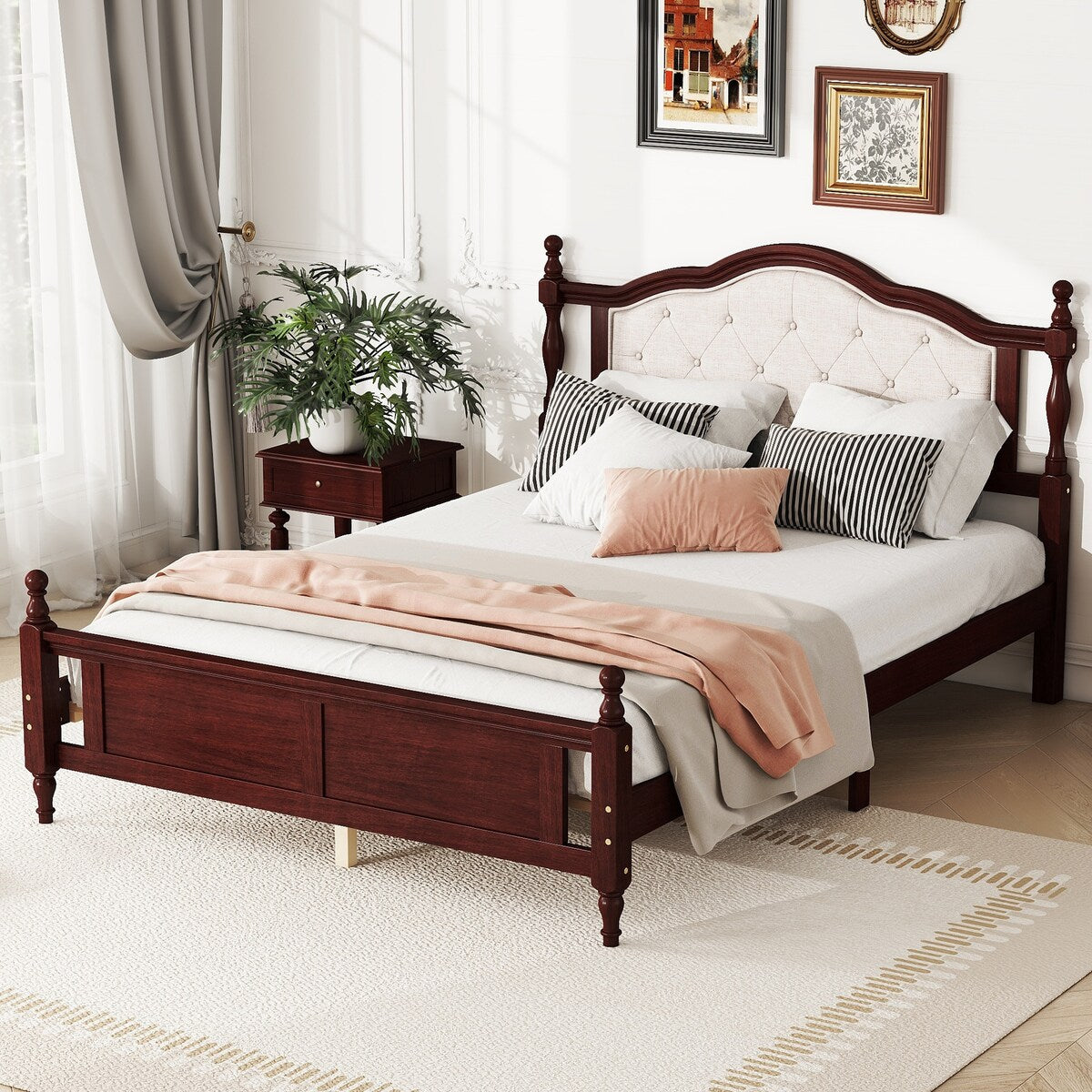 Queen Size Bed with Upholstered Headboard and Footboard, with Two Bed Rail Support Feet and Central Platform Support Feet