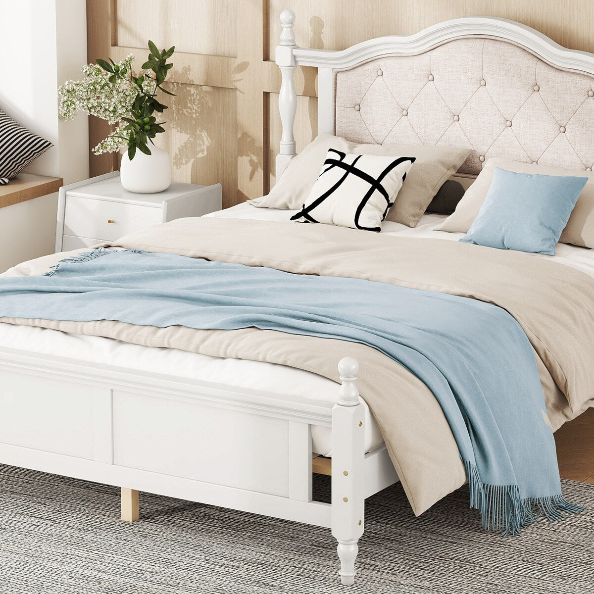 Queen Size Bed with Upholstered Headboard and Footboard, with Two Bed Rail Support Feet and Central Platform Support Feet
