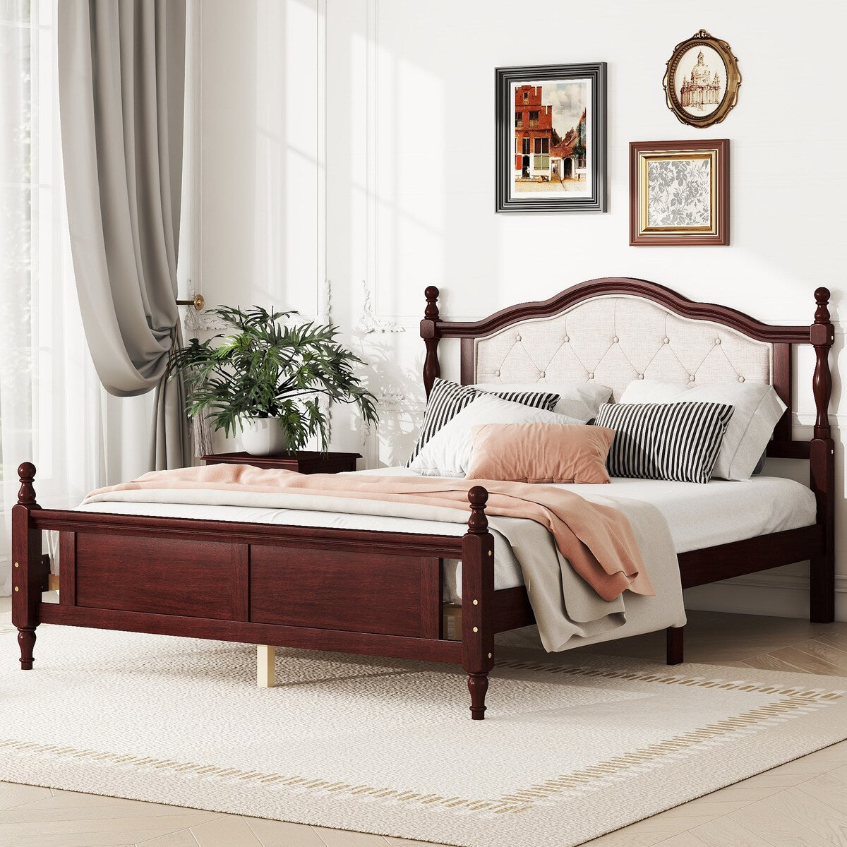Queen Size Bed with Upholstered Headboard and Footboard, with Two Bed Rail Support Feet and Central Platform Support Feet