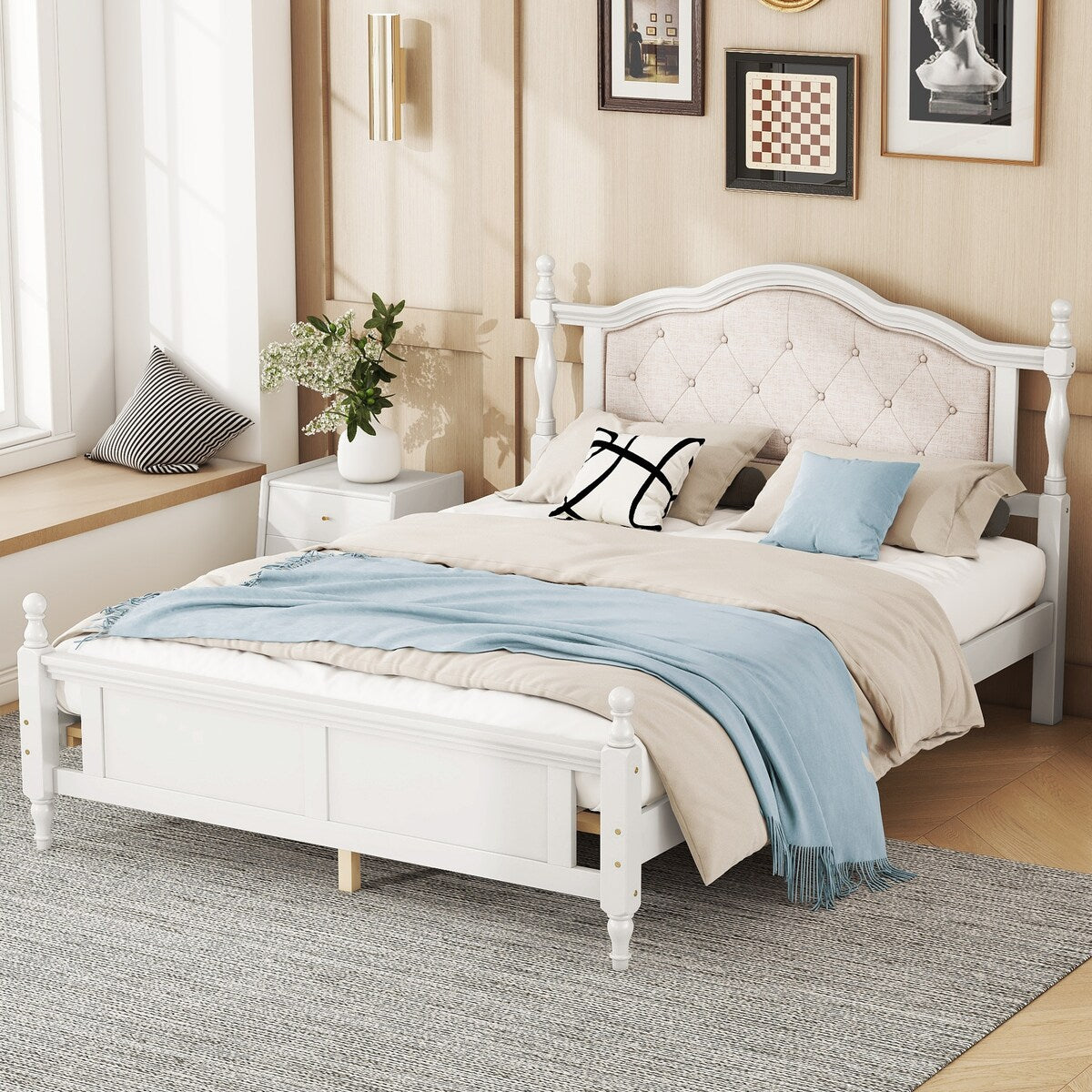 Queen Size Bed with Upholstered Headboard and Footboard, with Two Bed Rail Support Feet and Central Platform Support Feet