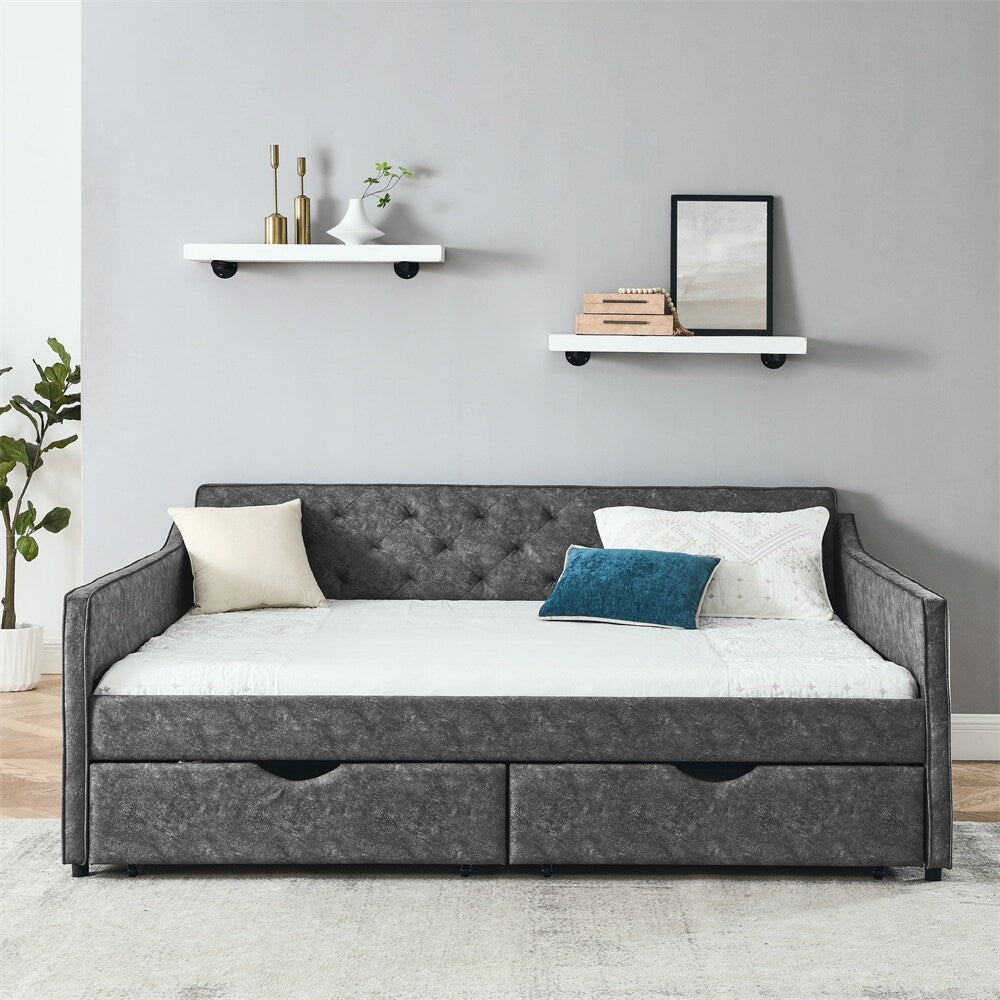 Queen Size Daybed with Drawers Upholstered Tufted Sofa Bed