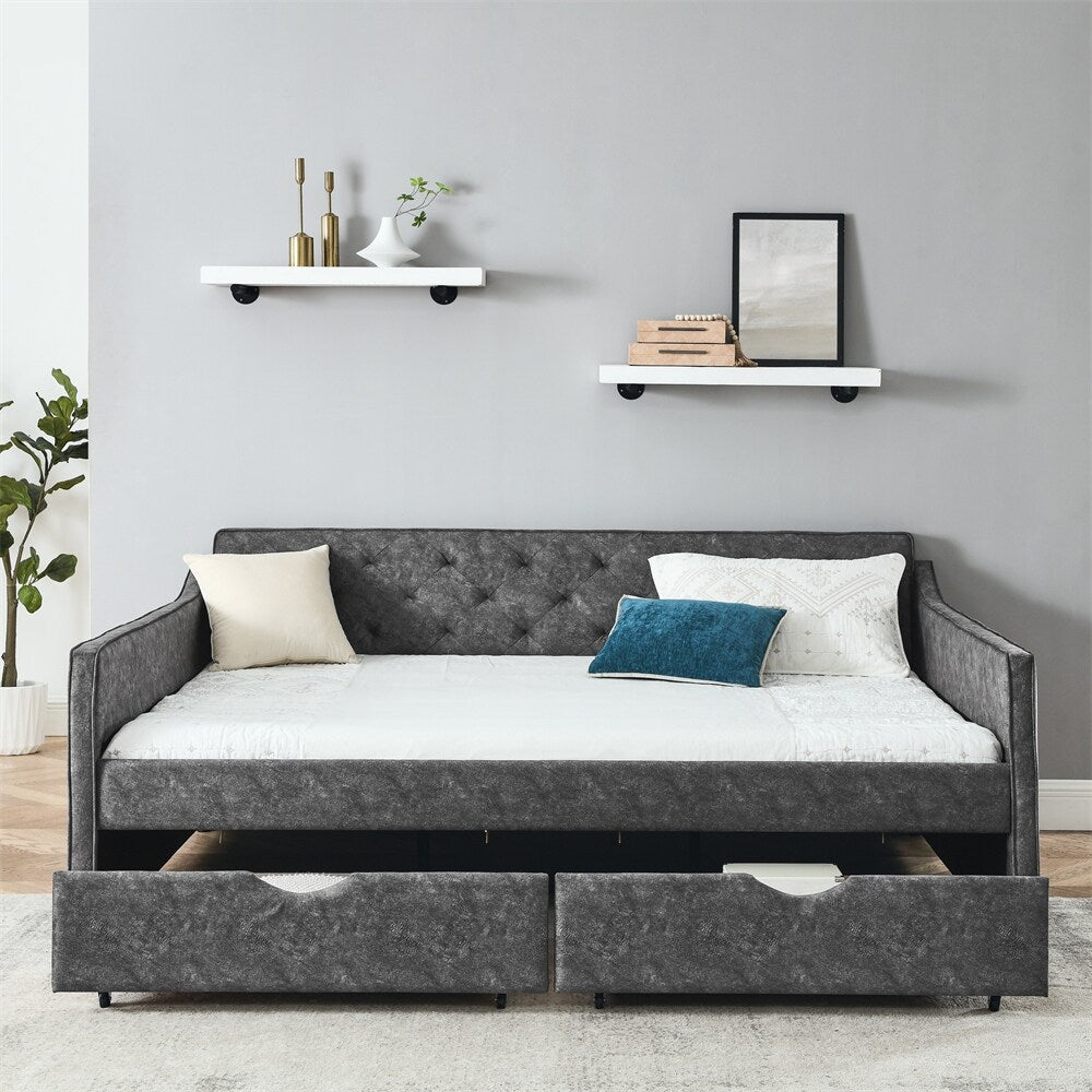 Queen Size Daybed with Drawers Upholstered Tufted Sofa Bed