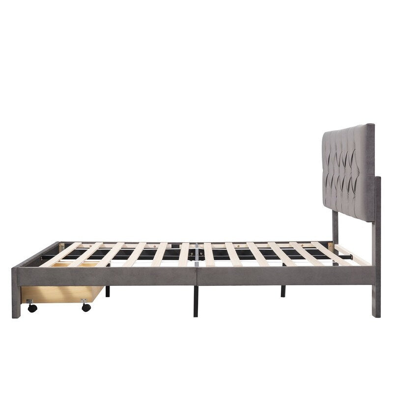 Queen Size Elegant Design Storage Bed Velvet Upholstered Platform Bed with a Big Drawer,No Box Spring required,Ease Assembly
