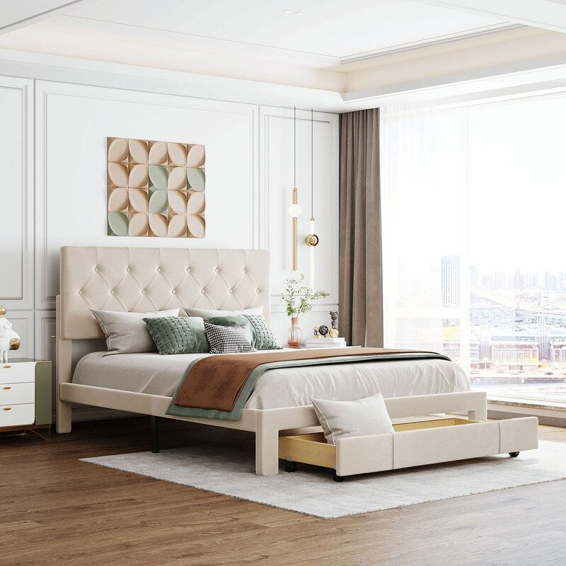 Queen Size Elegant Design Storage Bed Velvet Upholstered Platform Bed with a Big Drawer,No Box Spring required,Ease Assembly